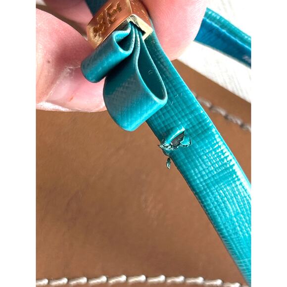 Tory Burch Womens 10 Blue Gold Leighanne Bow Slip-On Logo Thong Sandals - Picture 10 of 11